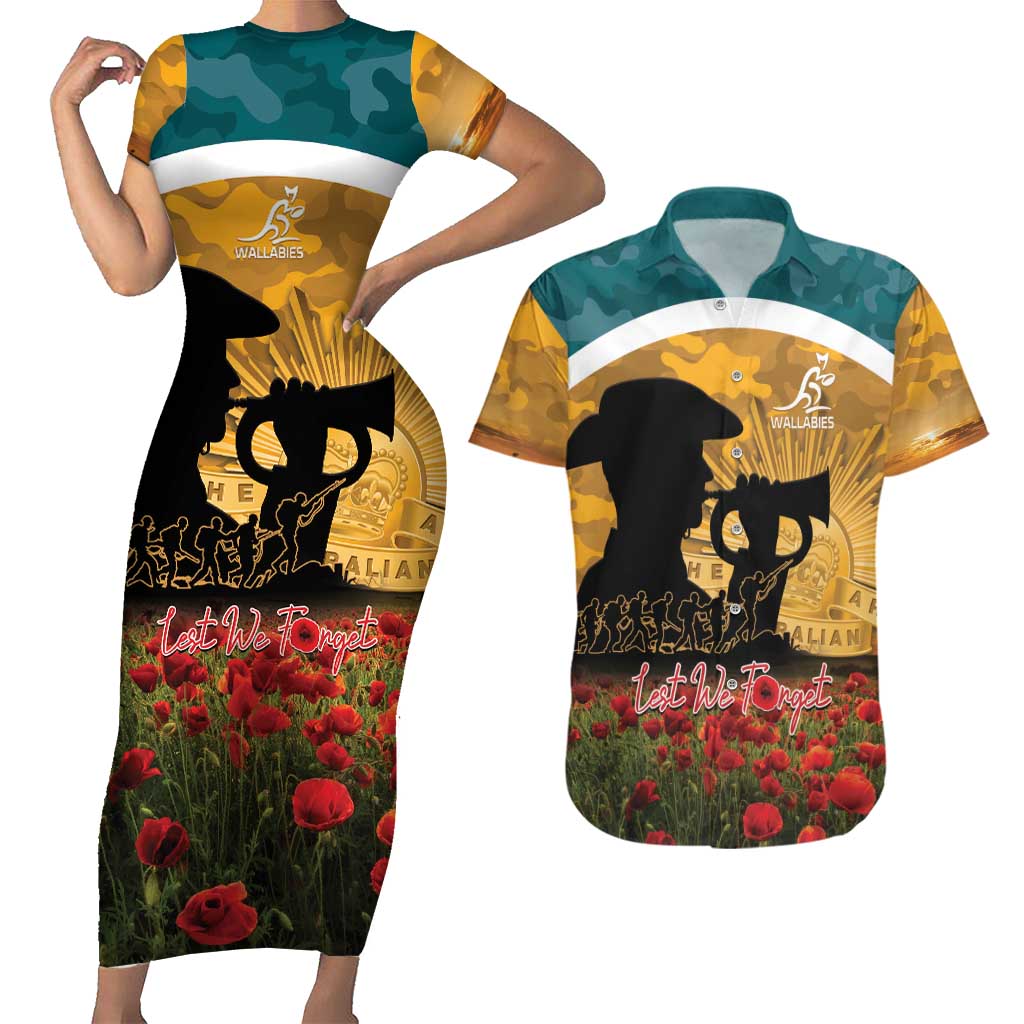 Personalised Wallabies ANZAC Day Couples Matching Short Sleeve Bodycon Dress and Hawaiian Shirt Last Post Poppy Lest We Forget
