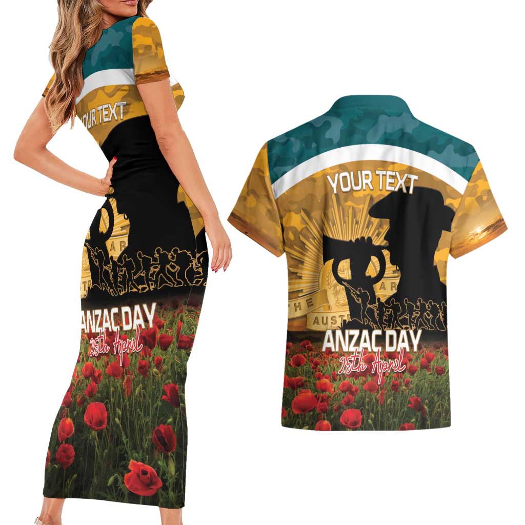 Personalised Wallabies ANZAC Day Couples Matching Short Sleeve Bodycon Dress and Hawaiian Shirt Last Post Poppy Lest We Forget