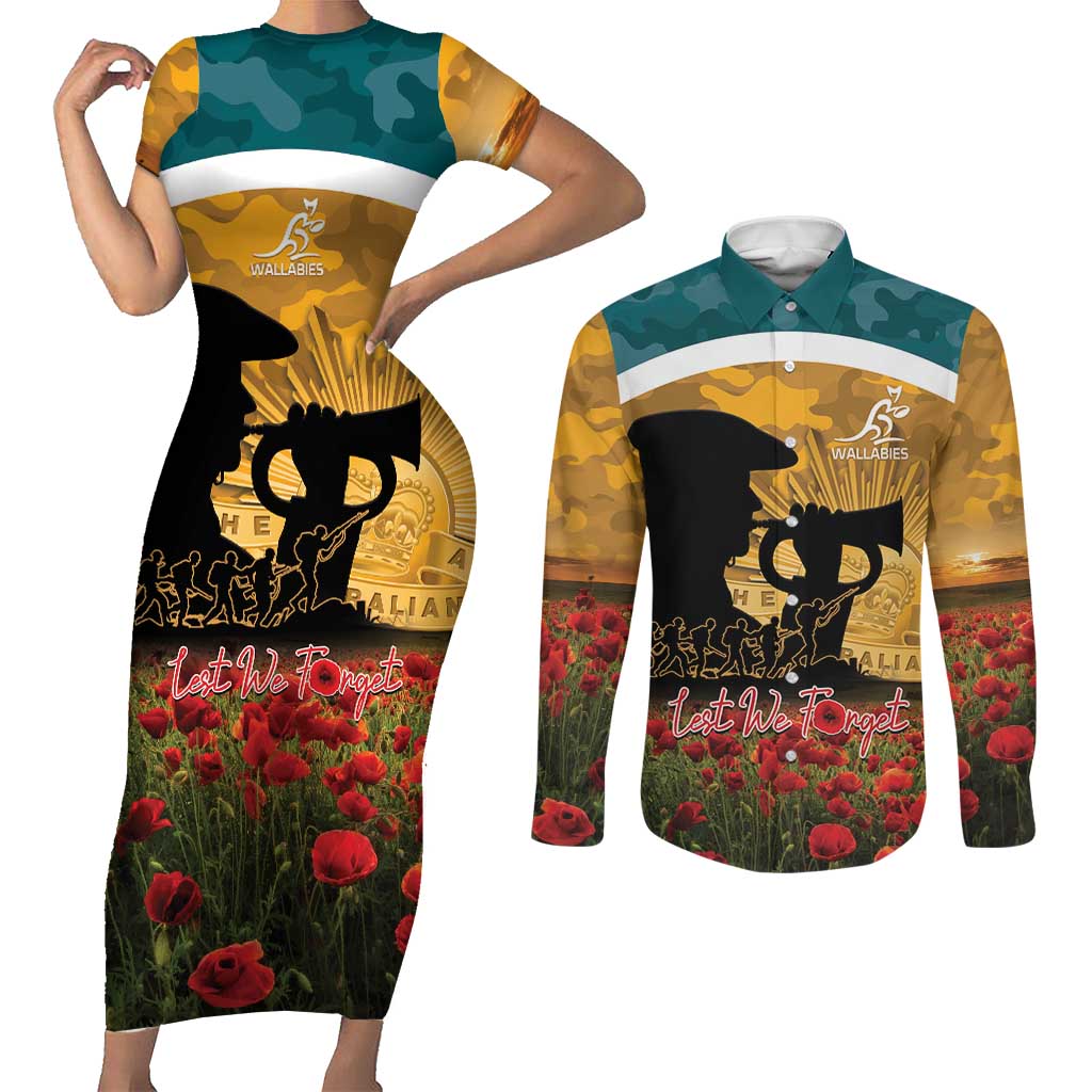 Personalised Wallabies ANZAC Day Couples Matching Short Sleeve Bodycon Dress and Long Sleeve Button Shirt Last Post Poppy Lest We Forget
