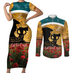 Personalised Wallabies ANZAC Day Couples Matching Short Sleeve Bodycon Dress and Long Sleeve Button Shirt Last Post Poppy Lest We Forget