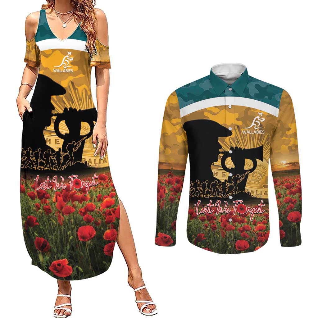 Personalised Wallabies ANZAC Day Couples Matching Summer Maxi Dress and Long Sleeve Button Shirt Last Post Poppy Lest We Forget