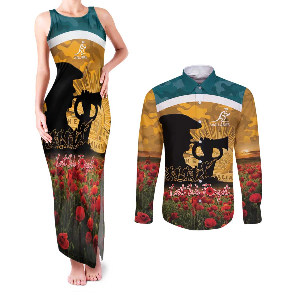 Personalised Wallabies ANZAC Day Couples Matching Tank Maxi Dress and Long Sleeve Button Shirt Last Post Poppy Lest We Forget