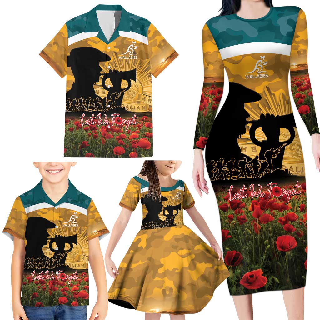 Personalised Wallabies ANZAC Day Family Matching Long Sleeve Bodycon Dress and Hawaiian Shirt Last Post Poppy Lest We Forget