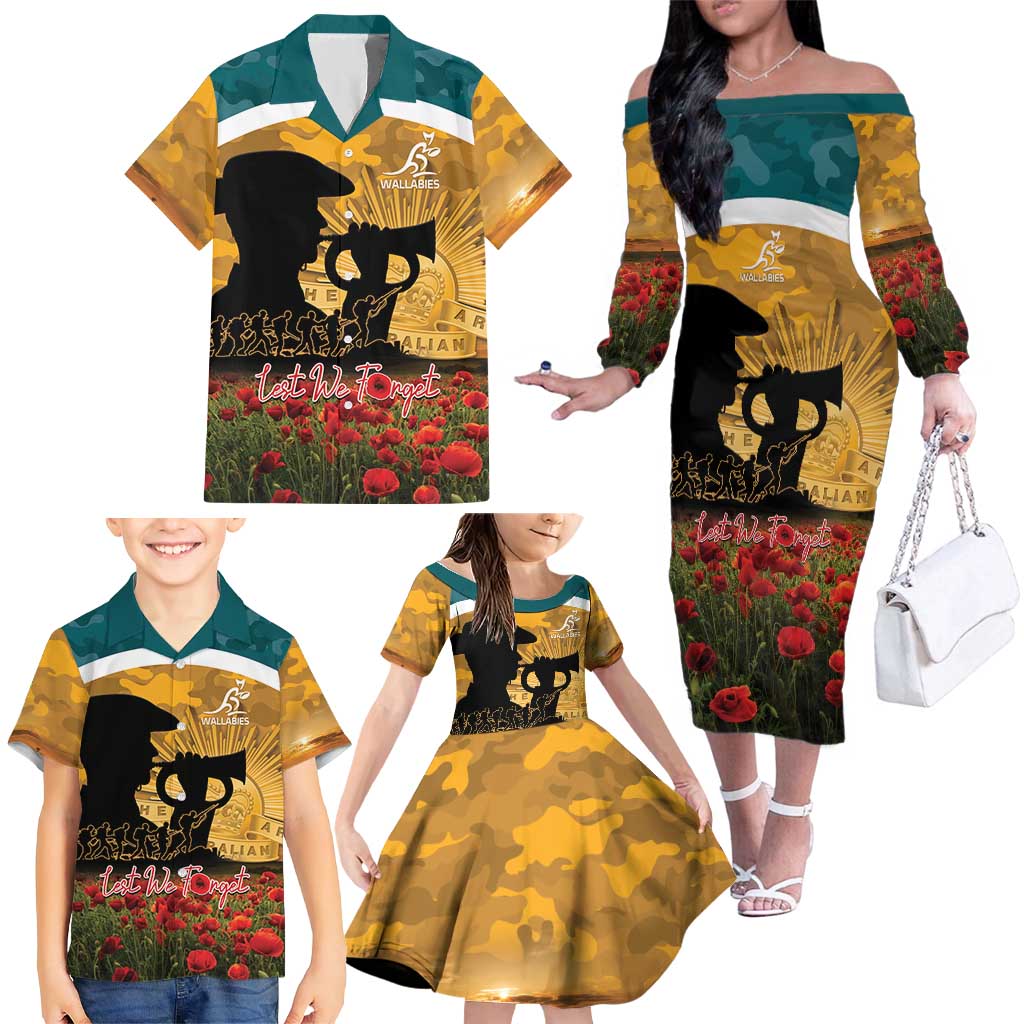 Personalised Wallabies ANZAC Day Family Matching Off The Shoulder Long Sleeve Dress and Hawaiian Shirt Last Post Poppy Lest We Forget