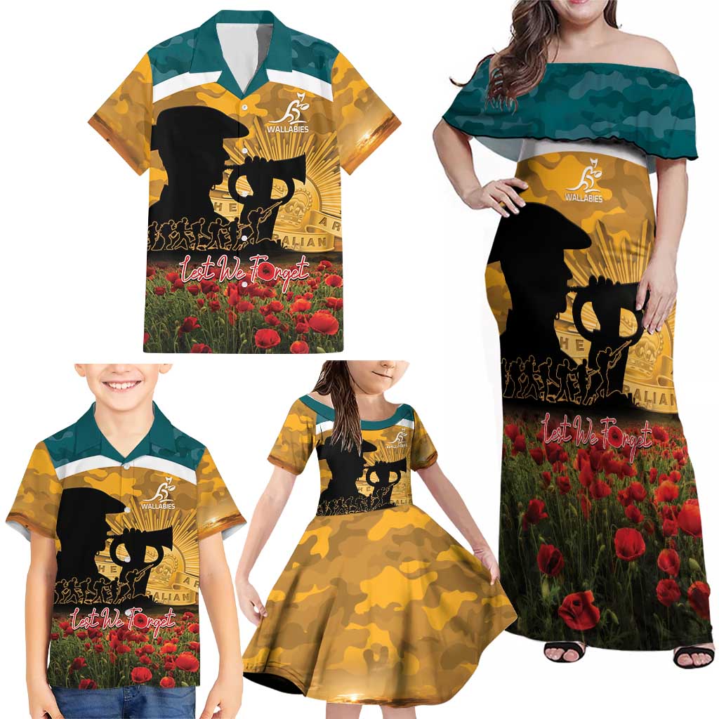 Personalised Wallabies ANZAC Day Family Matching Off Shoulder Maxi Dress and Hawaiian Shirt Last Post Poppy Lest We Forget