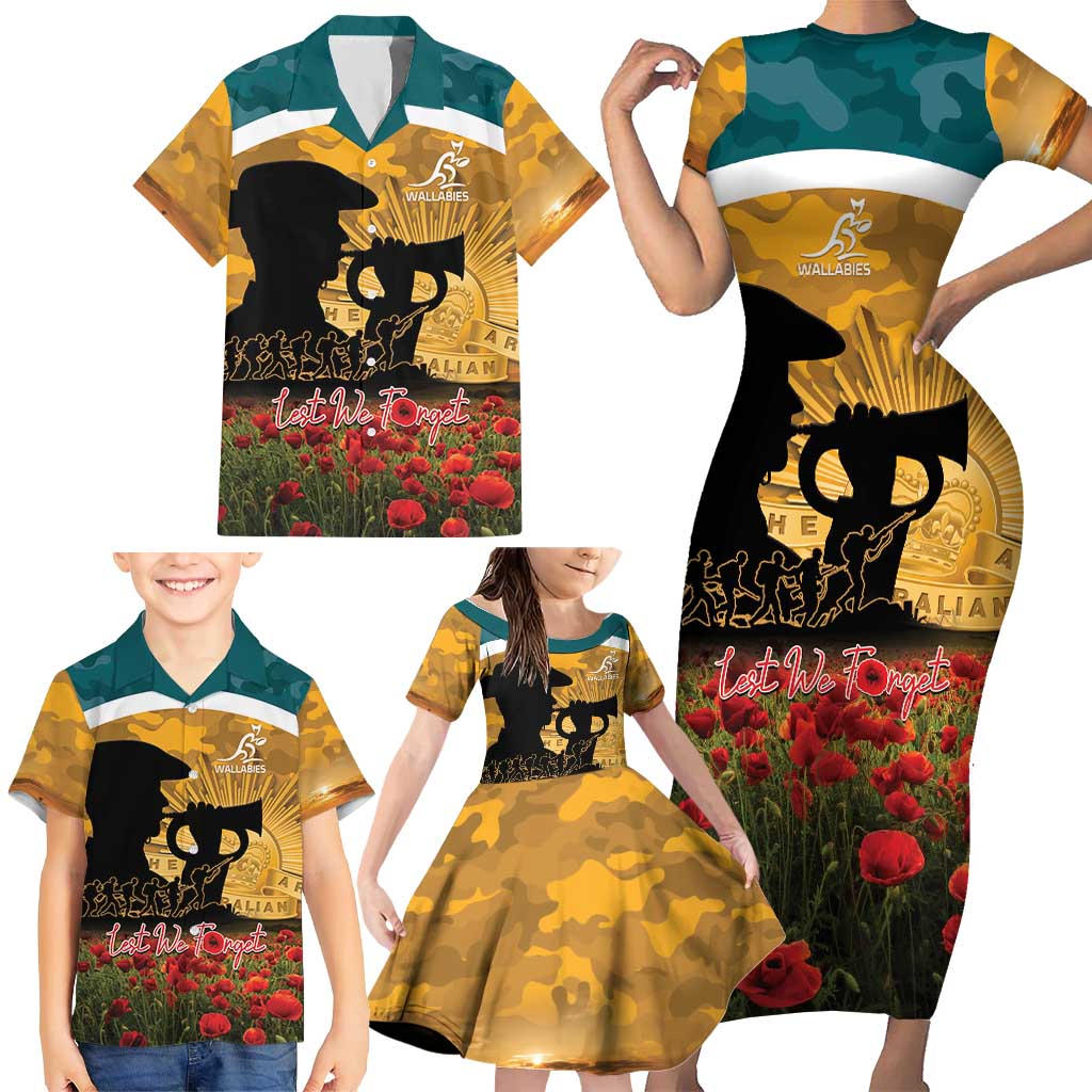 Personalised Wallabies ANZAC Day Family Matching Short Sleeve Bodycon Dress and Hawaiian Shirt Last Post Poppy Lest We Forget