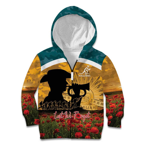 Personalised Wallabies ANZAC Day Kid Hoodie Last Post Poppy Lest We Forget