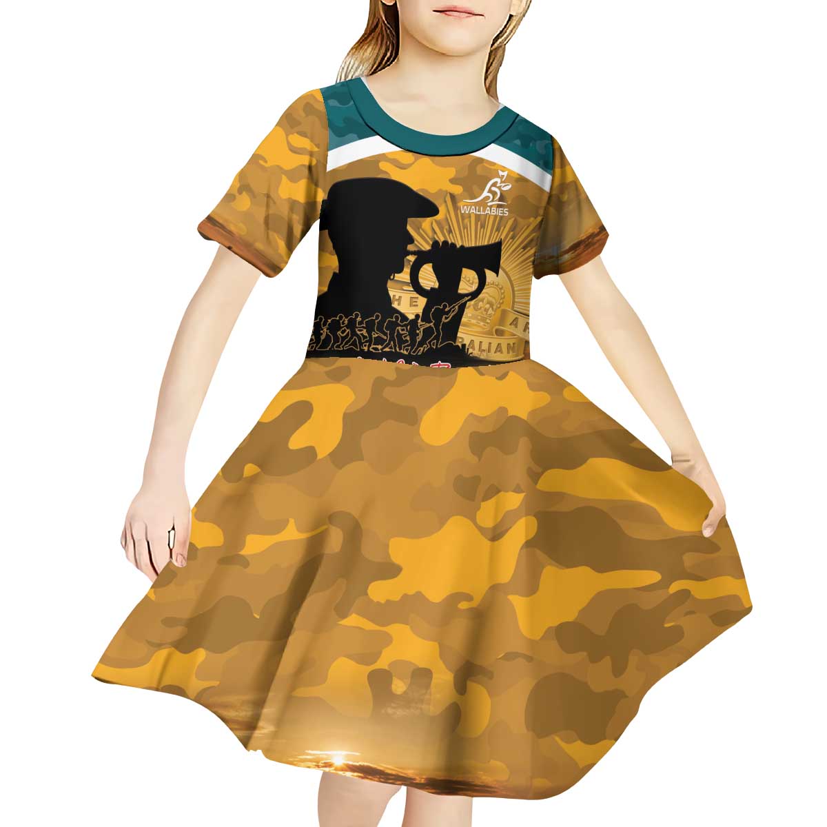Personalised Wallabies ANZAC Day Kid Short Sleeve Dress Last Post Poppy Lest We Forget