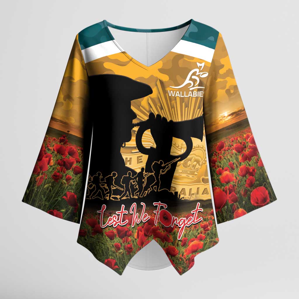Personalised Wallabies ANZAC Day Kimono Sleeve Blouse Last Post Poppy Lest We Forget
