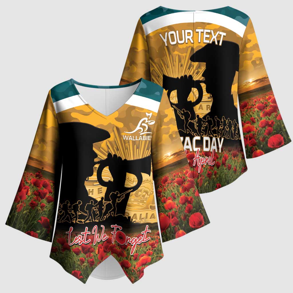 Personalised Wallabies ANZAC Day Kimono Sleeve Blouse Last Post Poppy Lest We Forget