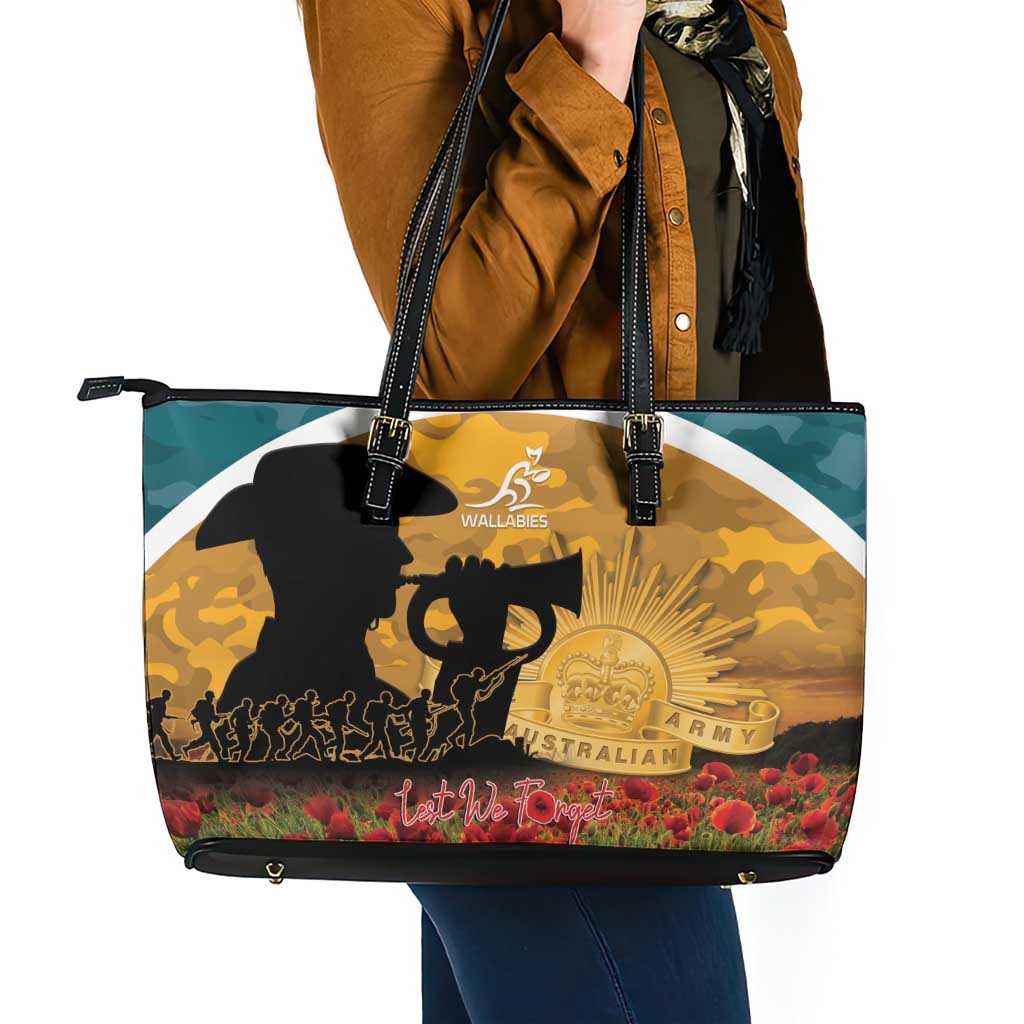 Wallabies ANZAC Day Leather Tote Bag Last Post Poppy Lest We Forget