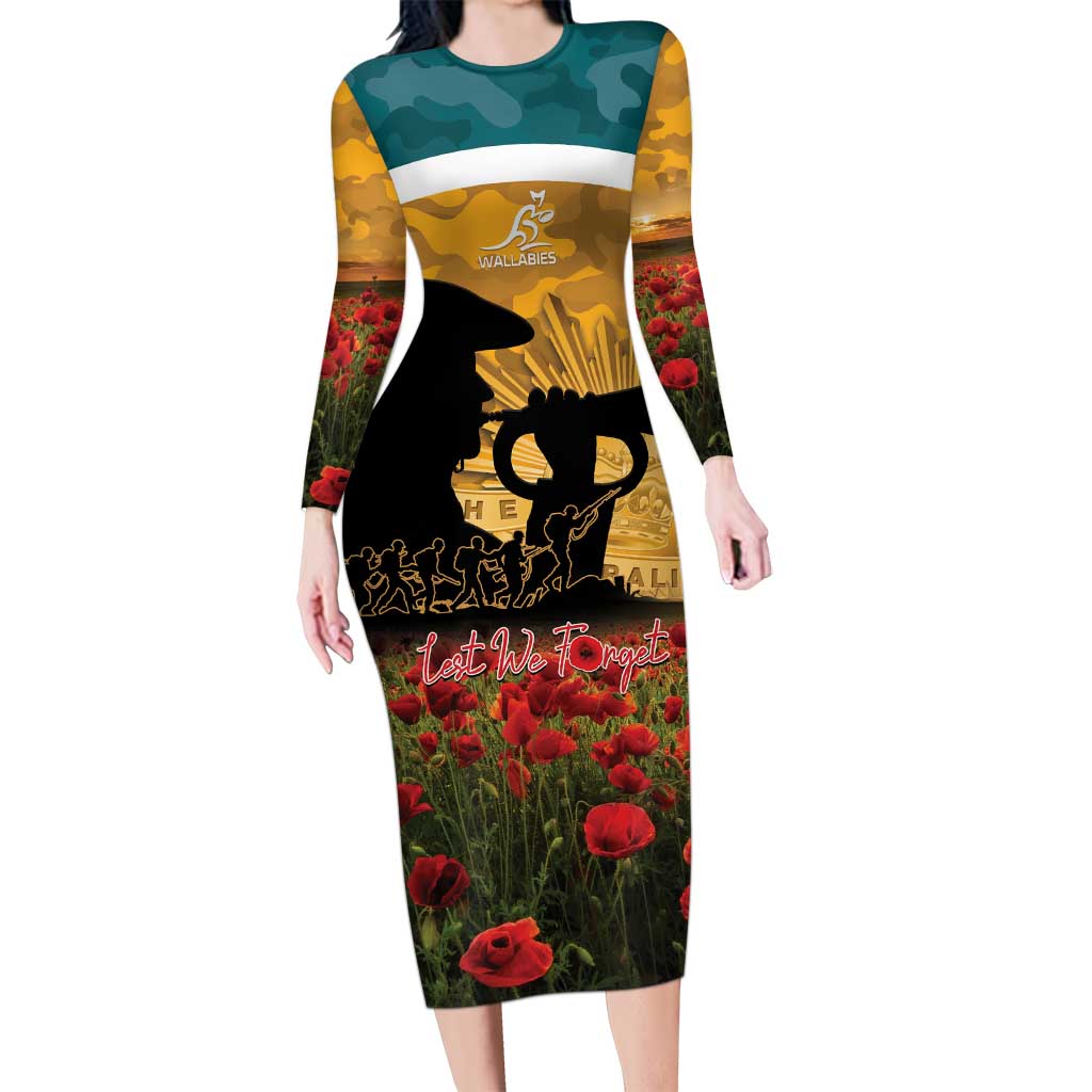 Personalised Wallabies ANZAC Day Long Sleeve Bodycon Dress Last Post Poppy Lest We Forget