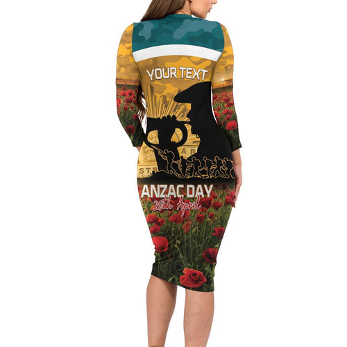 Personalised Wallabies ANZAC Day Long Sleeve Bodycon Dress Last Post Poppy Lest We Forget