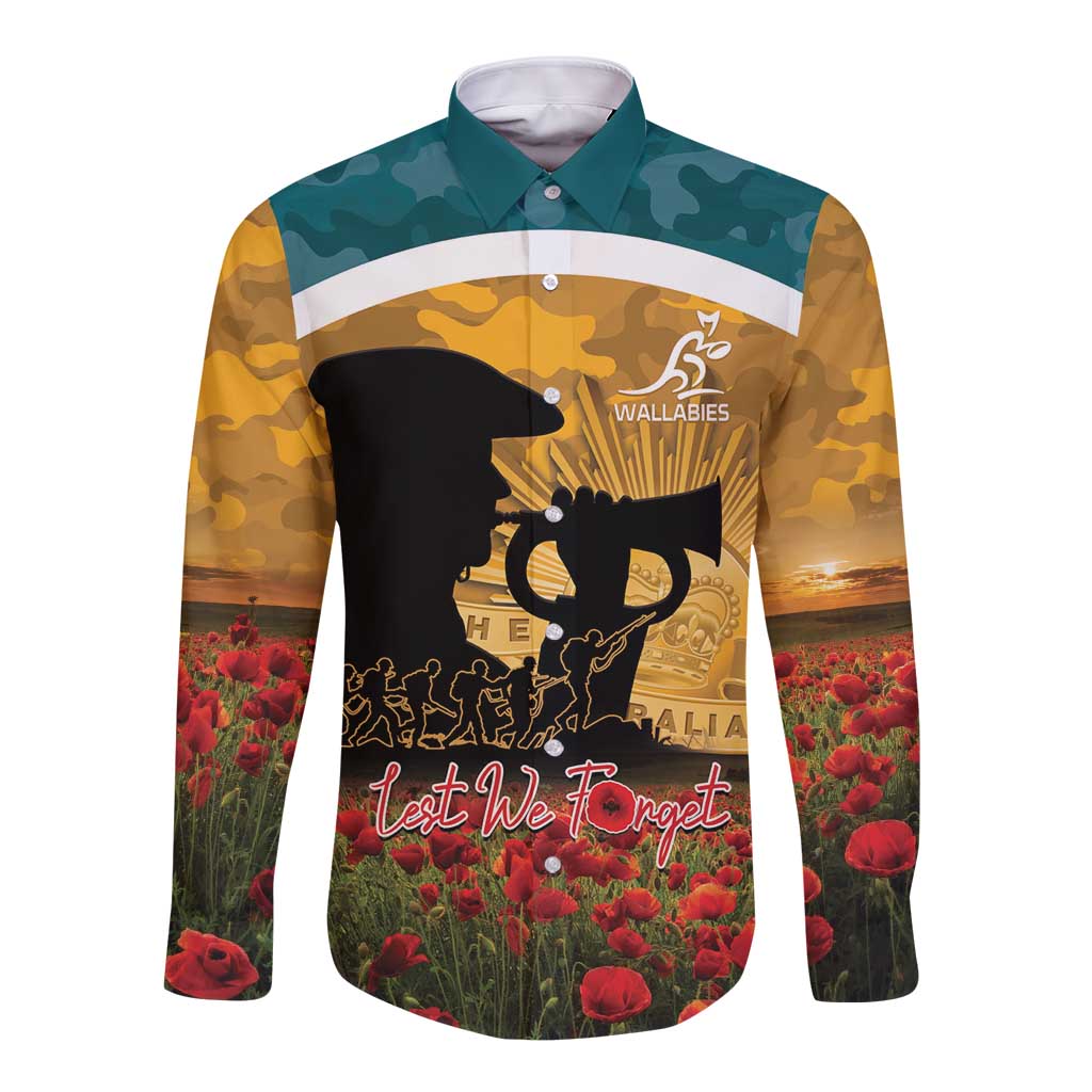 Personalised Wallabies ANZAC Day Long Sleeve Button Shirt Last Post Poppy Lest We Forget