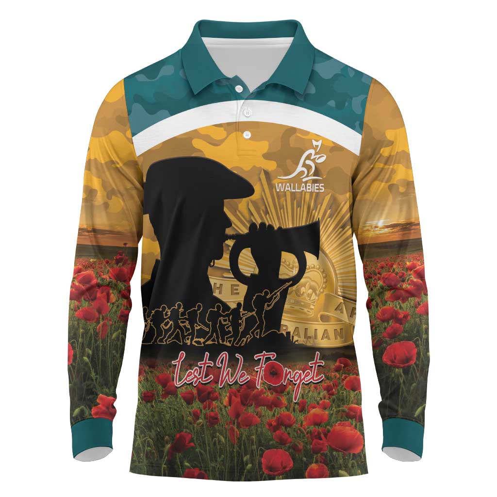 Personalised Wallabies ANZAC Day Long Sleeve Polo Shirt Last Post Poppy Lest We Forget