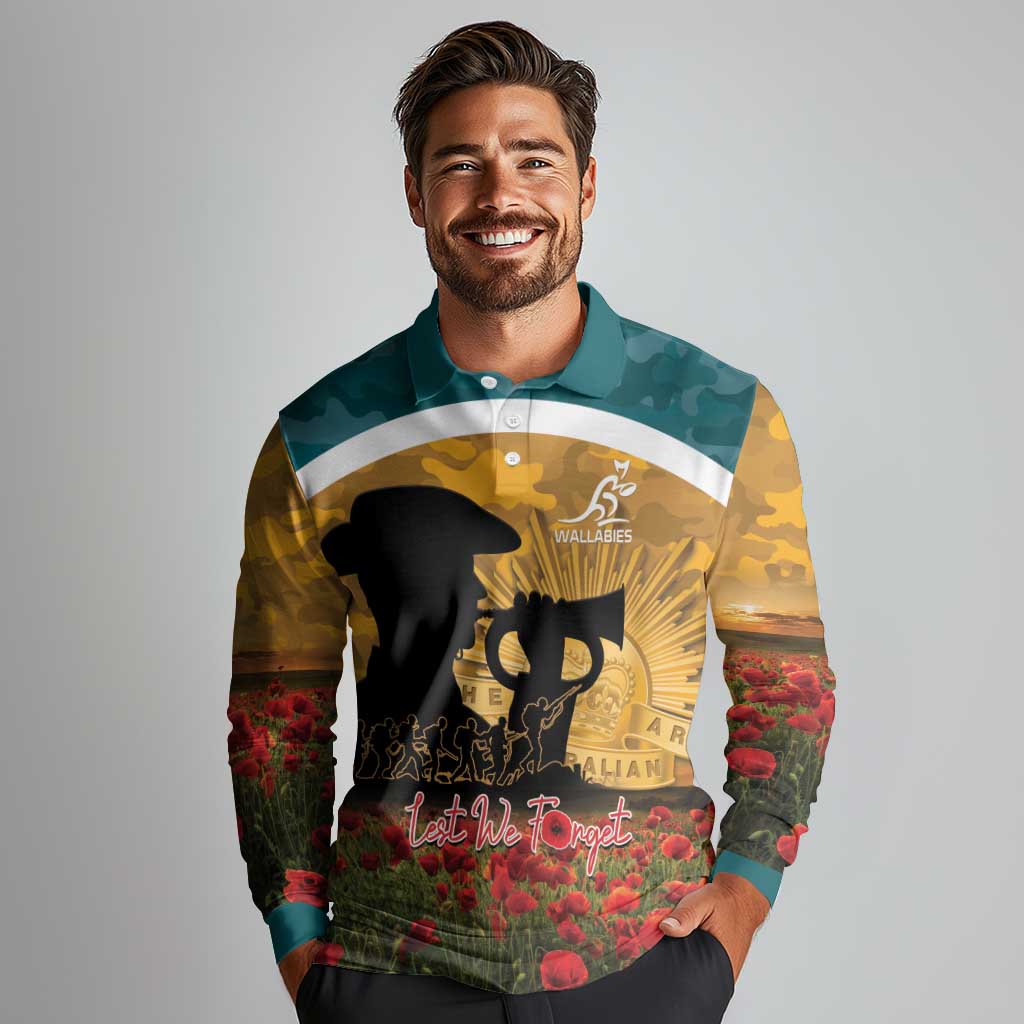 Personalised Wallabies ANZAC Day Long Sleeve Polo Shirt Last Post Poppy Lest We Forget