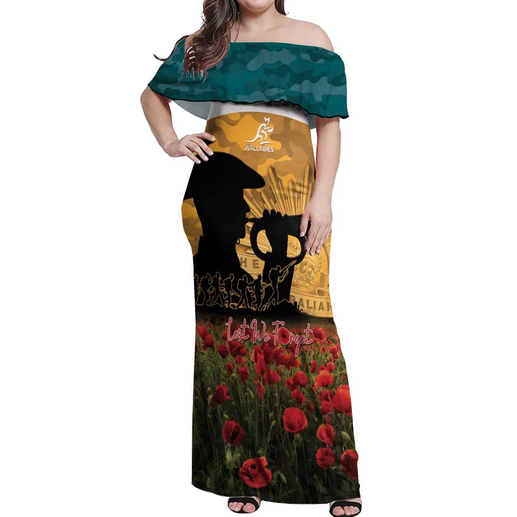 Personalised Wallabies ANZAC Day Off Shoulder Maxi Dress Last Post Poppy Lest We Forget