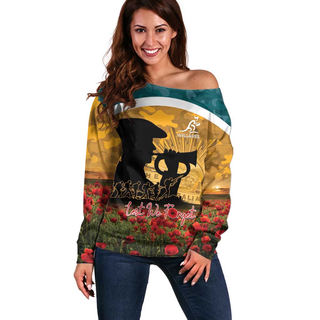 Personalised Wallabies ANZAC Day Off Shoulder Sweater Last Post Poppy Lest We Forget