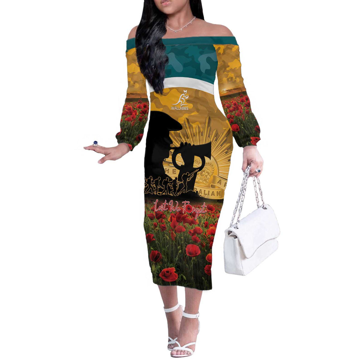 Personalised Wallabies ANZAC Day Off The Shoulder Long Sleeve Dress Last Post Poppy Lest We Forget