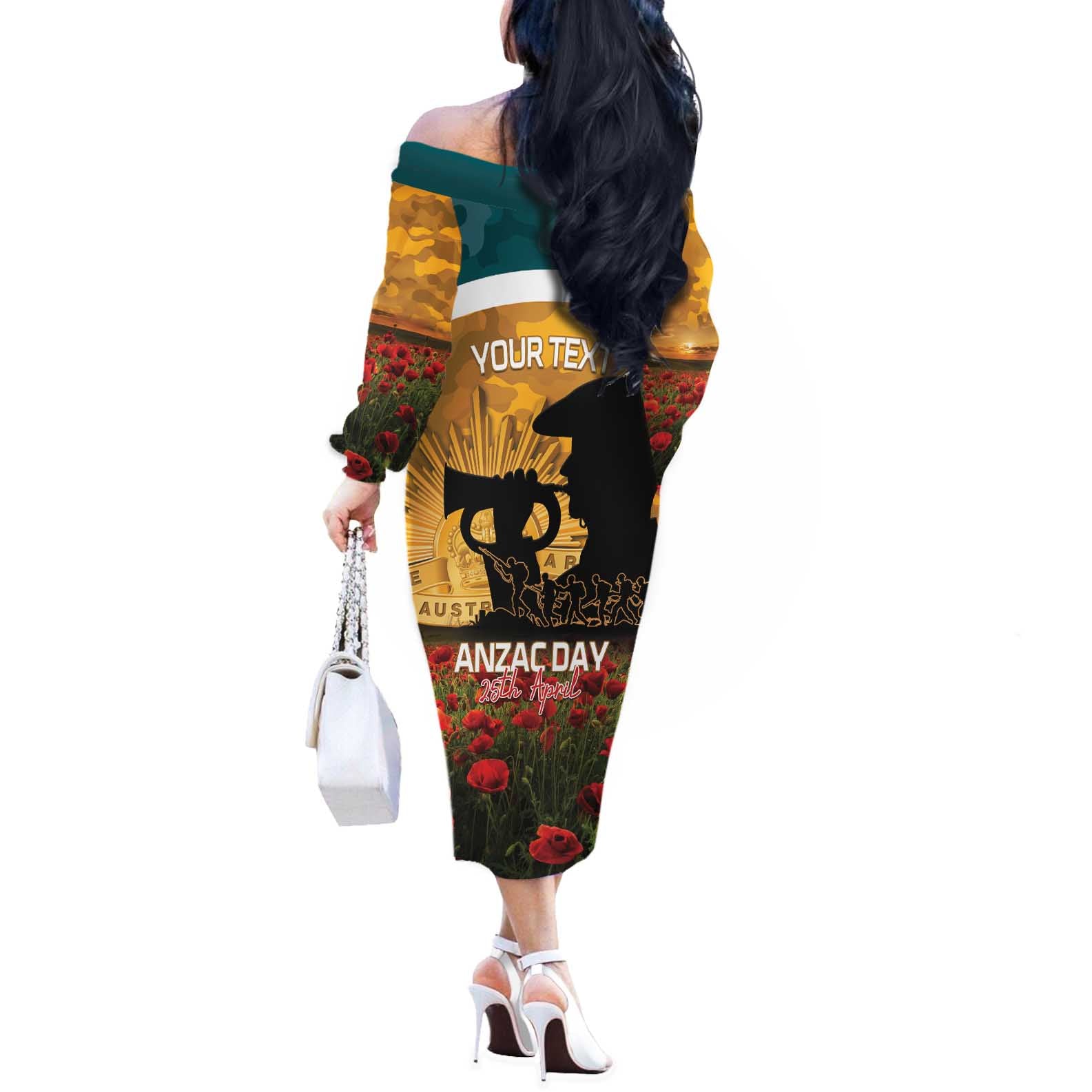Personalised Wallabies ANZAC Day Off The Shoulder Long Sleeve Dress Last Post Poppy Lest We Forget