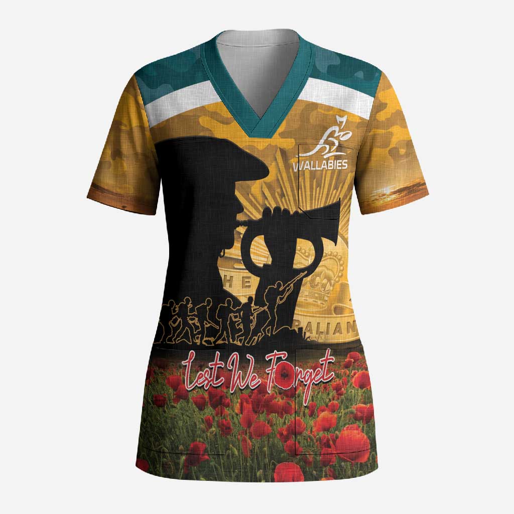 Personalised Wallabies ANZAC Day Scrub Top Last Post Poppy Lest We Forget