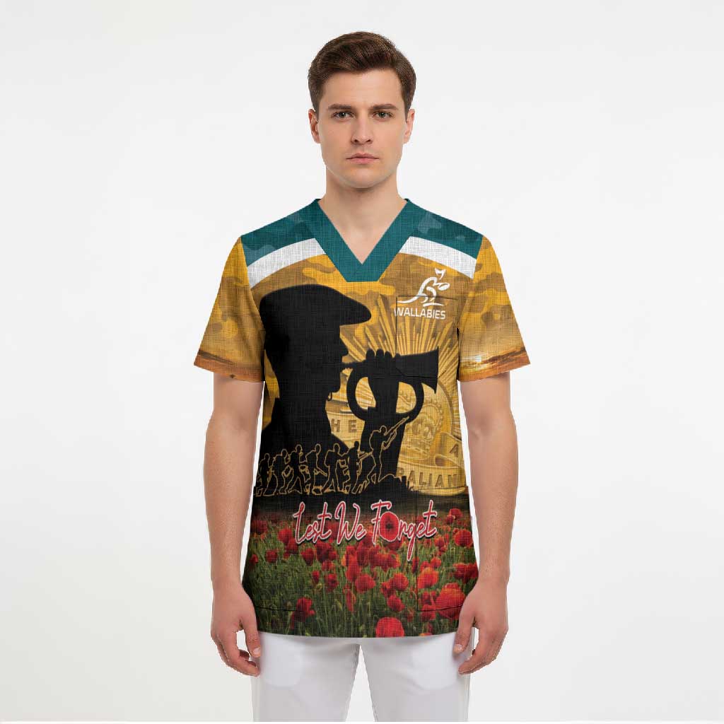 Personalised Wallabies ANZAC Day Scrub Top Last Post Poppy Lest We Forget