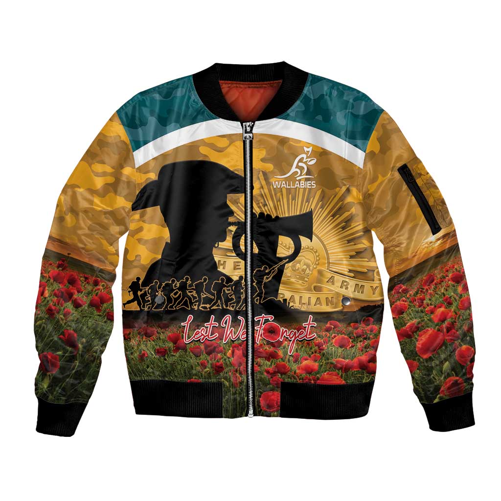 Personalised Wallabies ANZAC Day Sleeve Zip Bomber Jacket Last Post Poppy Lest We Forget