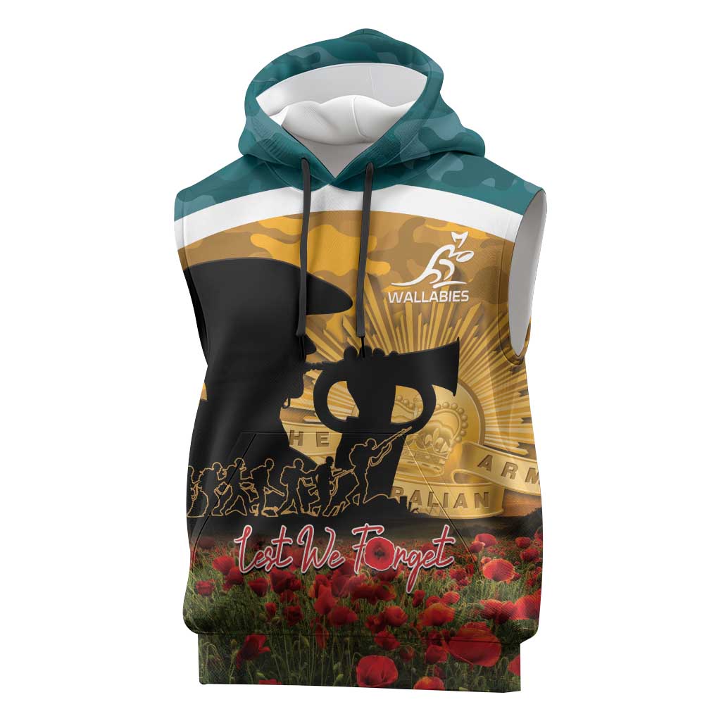 Personalised Wallabies ANZAC Day Sleeveless Hoodie Last Post Poppy Lest We Forget