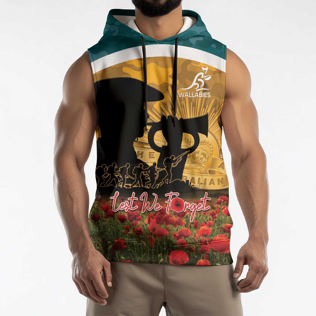 Personalised Wallabies ANZAC Day Sleeveless Hoodie Last Post Poppy Lest We Forget
