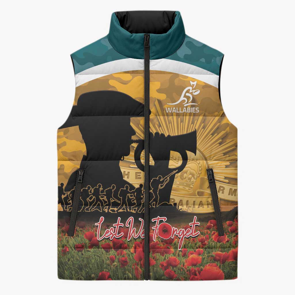 Personalised Wallabies ANZAC Day Sleeveless Puffer Jacket Last Post Poppy Lest We Forget