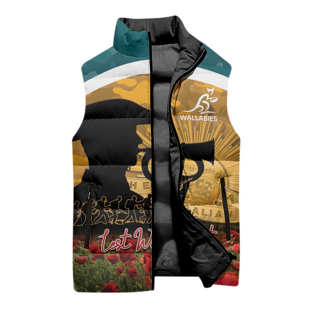 Personalised Wallabies ANZAC Day Sleeveless Puffer Jacket Last Post Poppy Lest We Forget