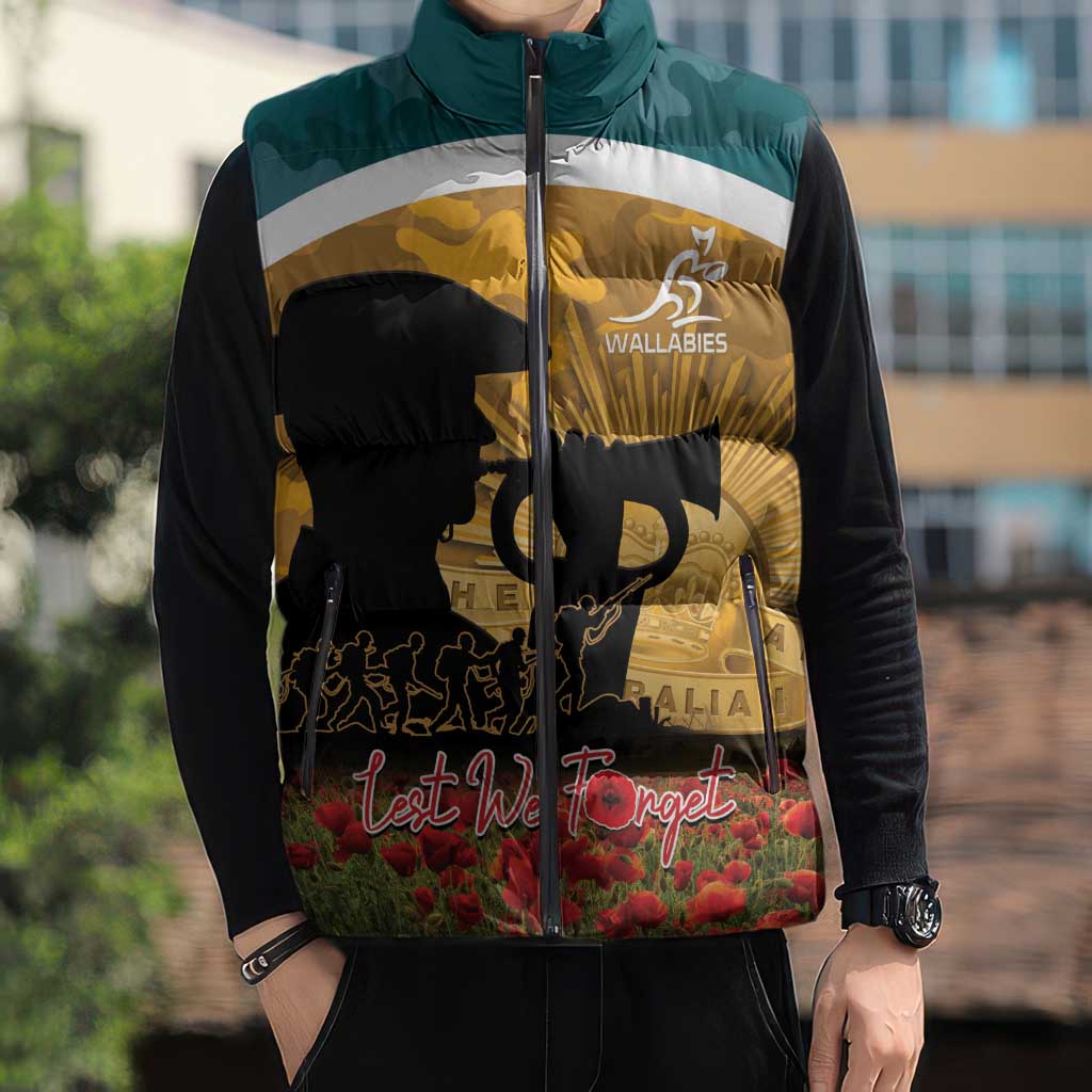 Personalised Wallabies ANZAC Day Sleeveless Puffer Jacket Last Post Poppy Lest We Forget
