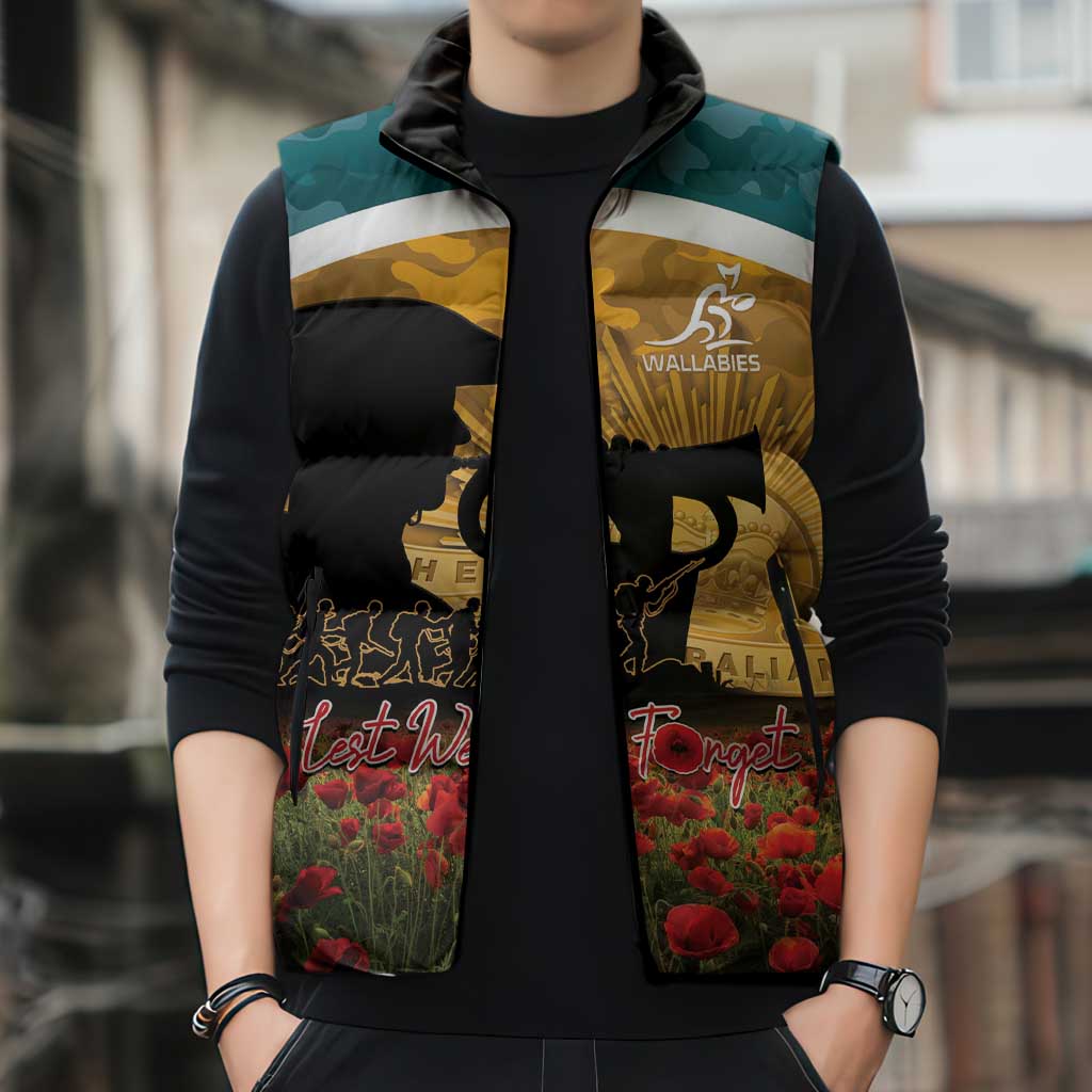 Personalised Wallabies ANZAC Day Sleeveless Puffer Jacket Last Post Poppy Lest We Forget