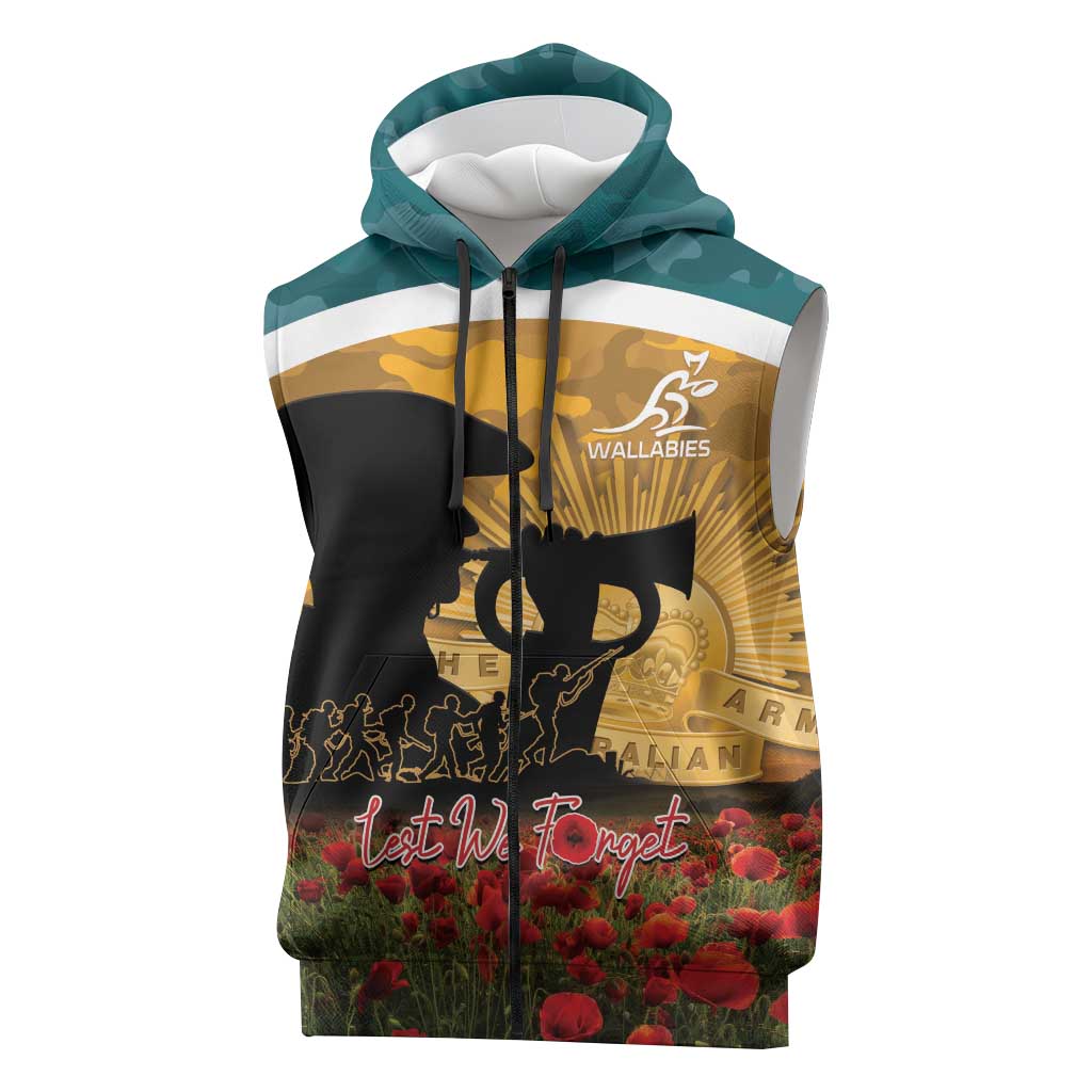 Personalised Wallabies ANZAC Day Sleeveless Zip Hoodie Last Post Poppy Lest We Forget