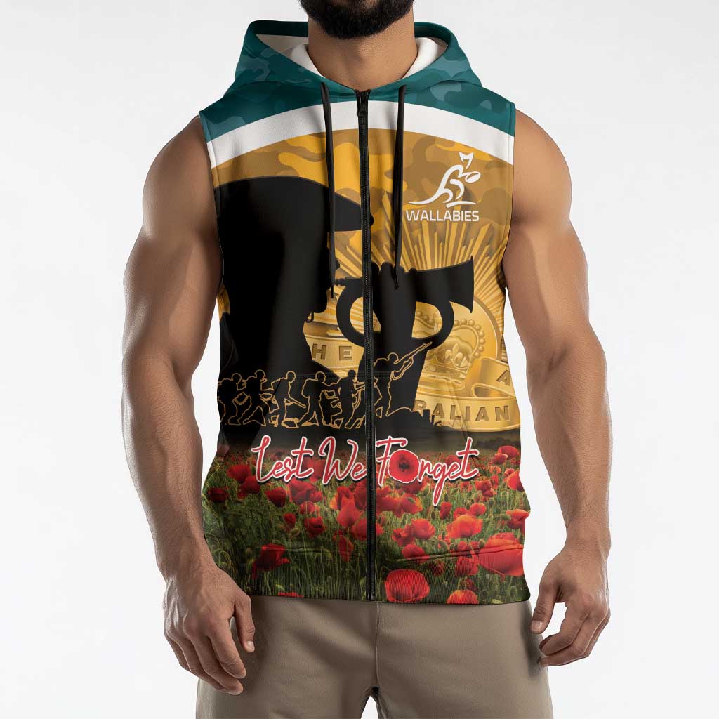 Personalised Wallabies ANZAC Day Sleeveless Zip Hoodie Last Post Poppy Lest We Forget