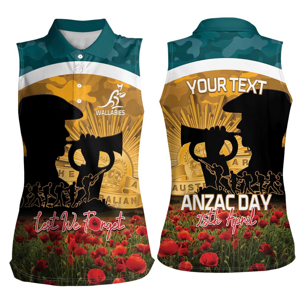 Personalised Wallabies ANZAC Day Women Sleeveless Polo Shirt Last Post Poppy Lest We Forget