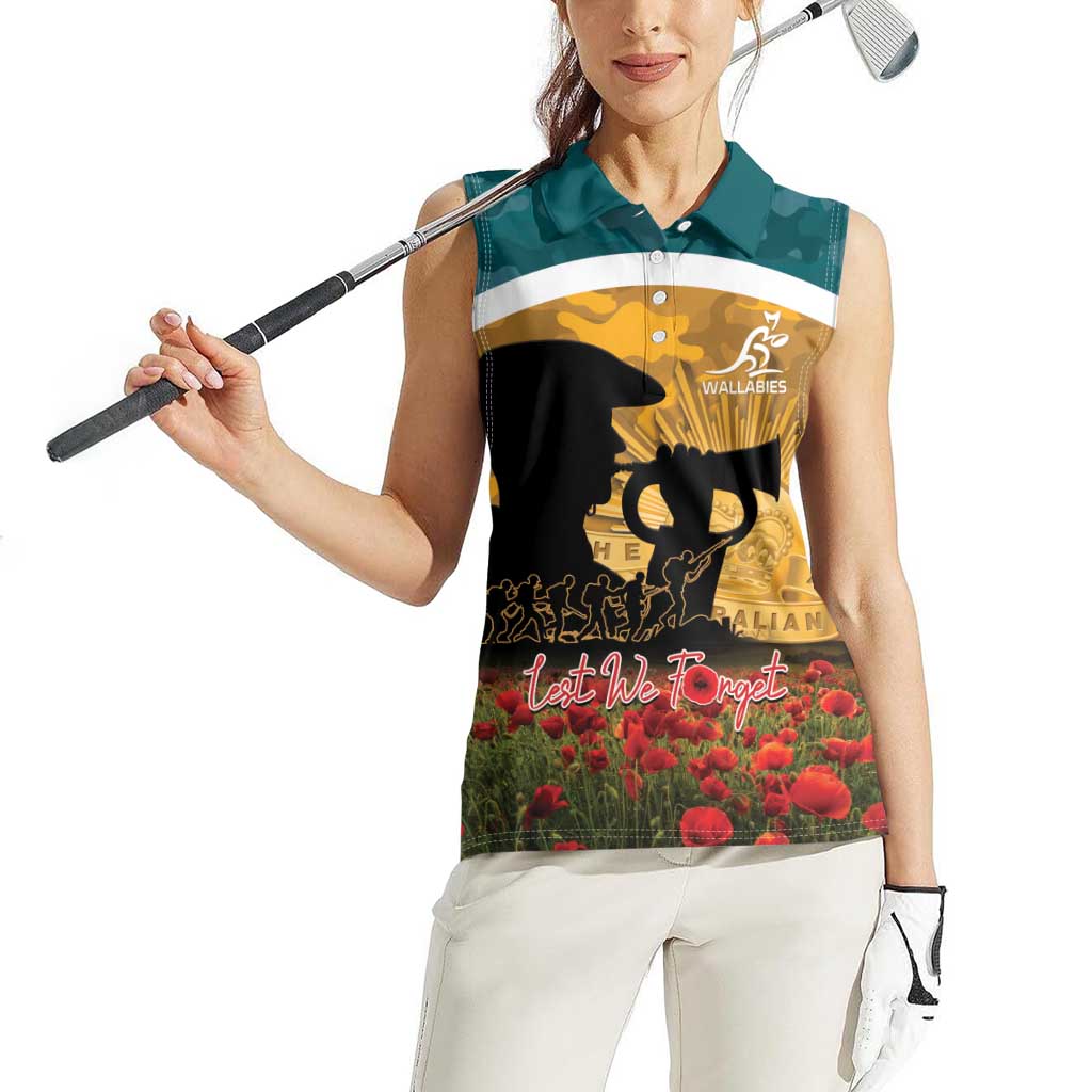 Personalised Wallabies ANZAC Day Women Sleeveless Polo Shirt Last Post Poppy Lest We Forget