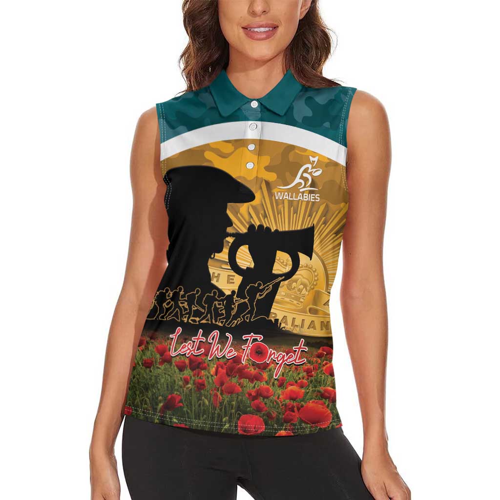 Personalised Wallabies ANZAC Day Women Sleeveless Polo Shirt Last Post Poppy Lest We Forget