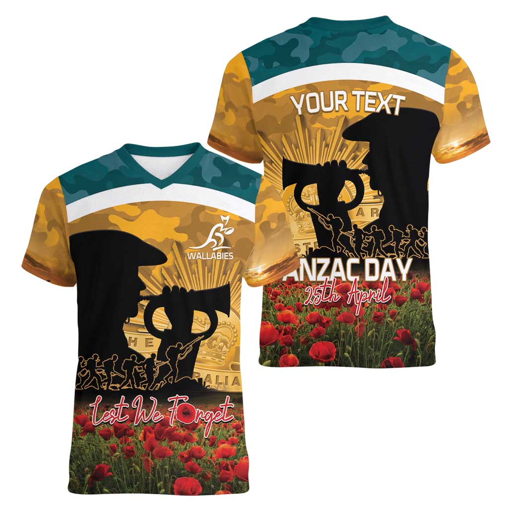 Personalised Wallabies ANZAC Day Women V-Neck T-Shirt Last Post Poppy Lest We Forget