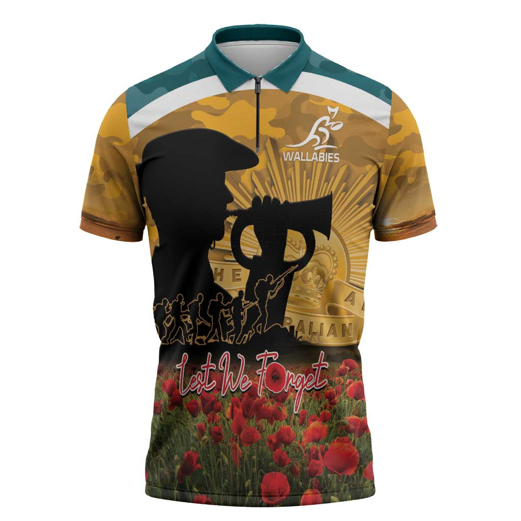 Personalised Wallabies ANZAC Day Zipper Polo Shirt Last Post Poppy Lest We Forget