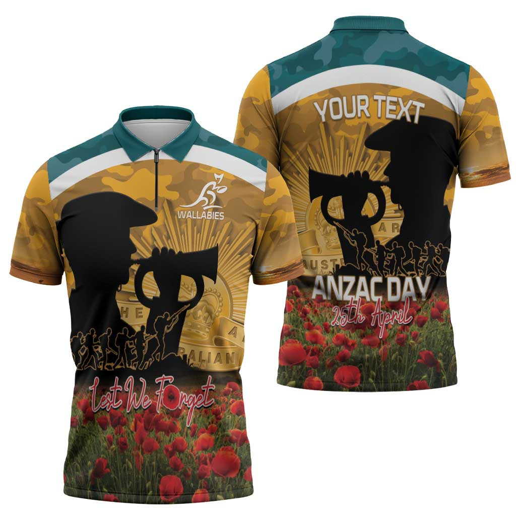 Personalised Wallabies ANZAC Day Zipper Polo Shirt Last Post Poppy Lest We Forget