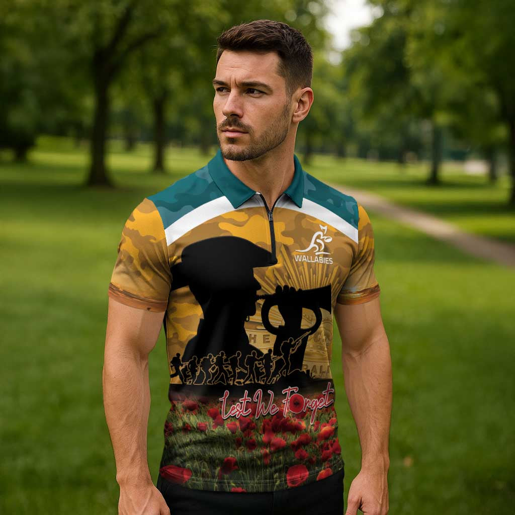 Personalised Wallabies ANZAC Day Zipper Polo Shirt Last Post Poppy Lest We Forget