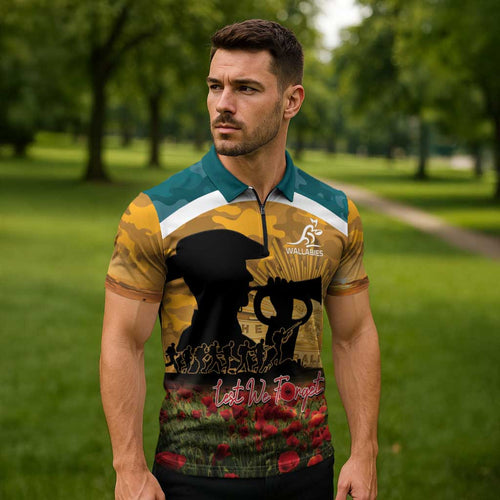 Personalised Wallabies ANZAC Day Zipper Polo Shirt Last Post Poppy Lest We Forget