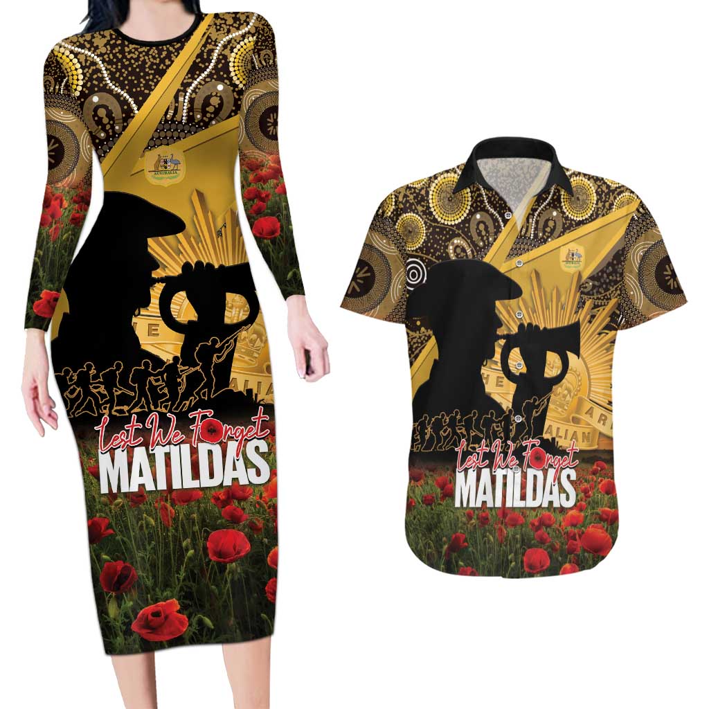 Personalised Australia Matildas ANZAC Day Couples Matching Long Sleeve Bodycon Dress and Hawaiian Shirt Last Post Poppy Lest We Forget