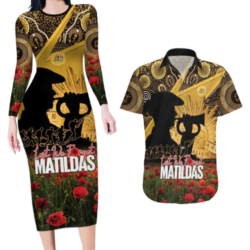 Personalised Australia Matildas ANZAC Day Couples Matching Long Sleeve Bodycon Dress and Hawaiian Shirt Last Post Poppy Lest We Forget