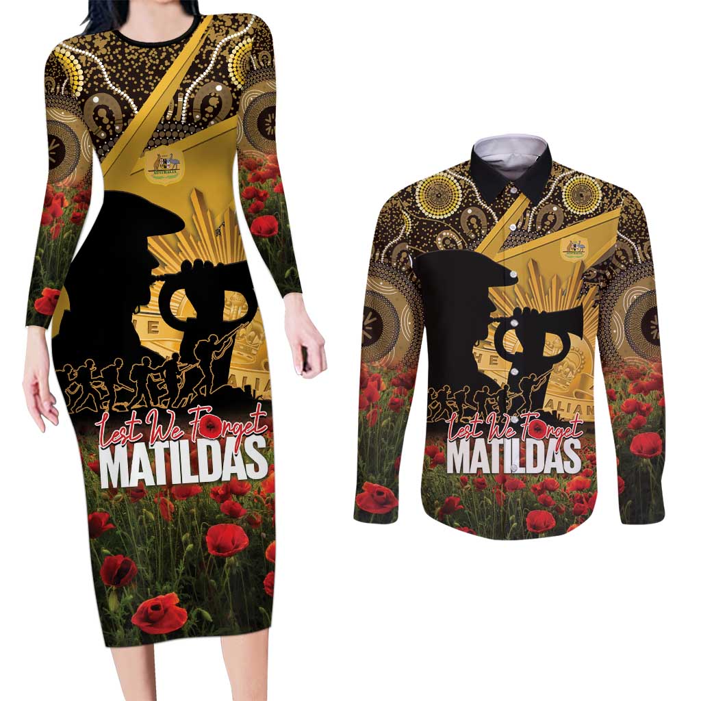 Personalised Australia Matildas ANZAC Day Couples Matching Long Sleeve Bodycon Dress and Long Sleeve Button Shirt Last Post Poppy Lest We Forget