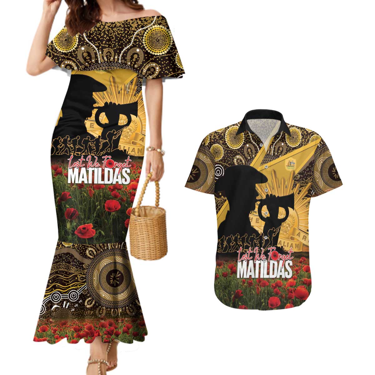 Personalised Australia Matildas ANZAC Day Couples Matching Mermaid Dress and Hawaiian Shirt Last Post Poppy Lest We Forget