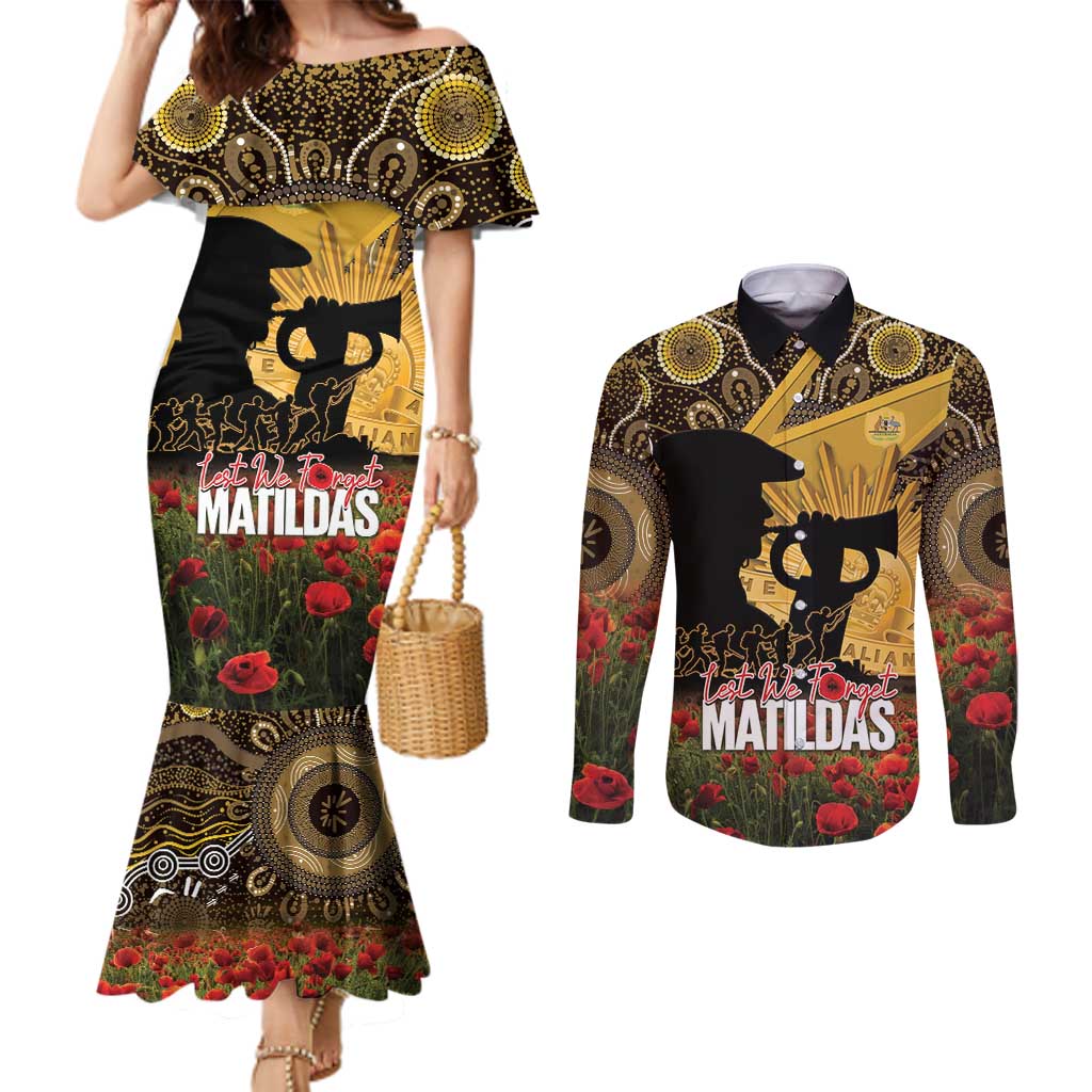 Personalised Australia Matildas ANZAC Day Couples Matching Mermaid Dress and Long Sleeve Button Shirt Last Post Poppy Lest We Forget