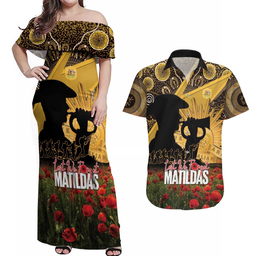 Personalised Australia Matildas ANZAC Day Couples Matching Off Shoulder Maxi Dress and Hawaiian Shirt Last Post Poppy Lest We Forget