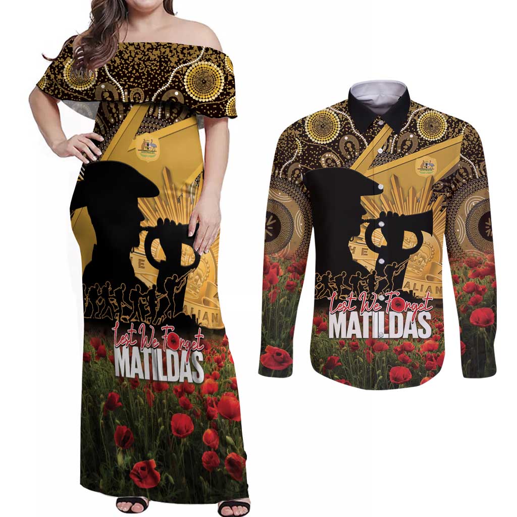 Personalised Australia Matildas ANZAC Day Couples Matching Off Shoulder Maxi Dress and Long Sleeve Button Shirt Last Post Poppy Lest We Forget